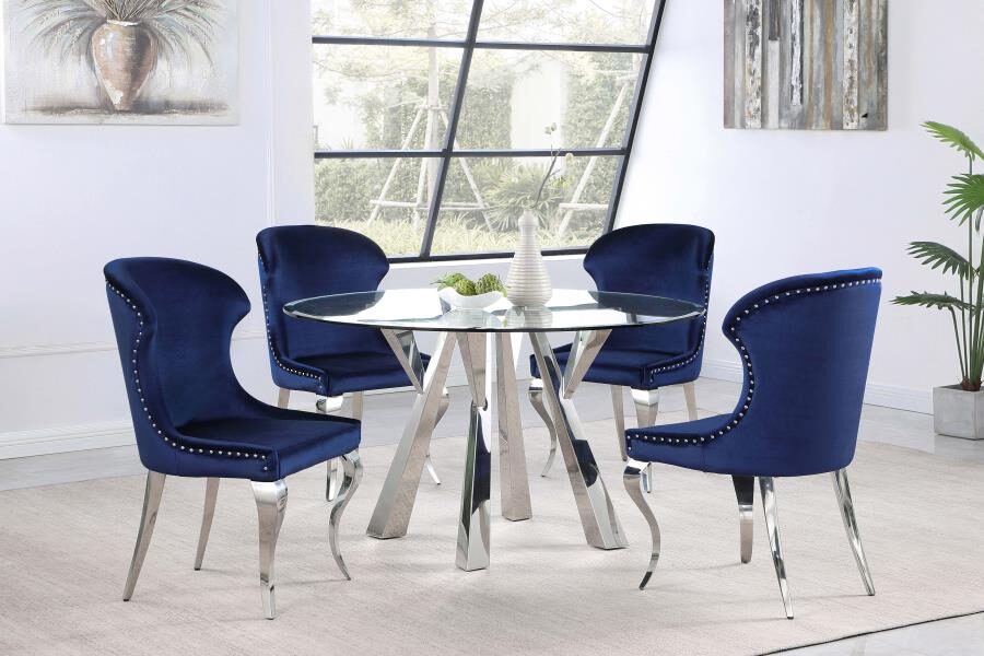 Round glass top dining table clear and chrome w/ blue chairs by Coaster