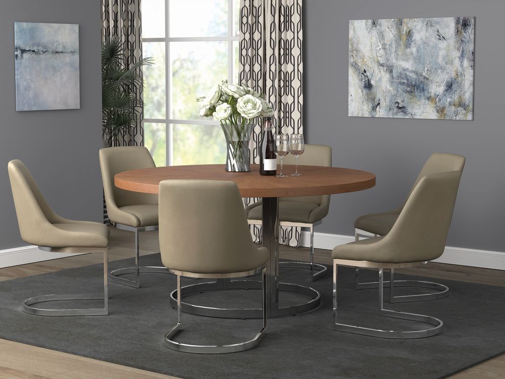 Cherry / chrome / taupe round dining table by Coaster