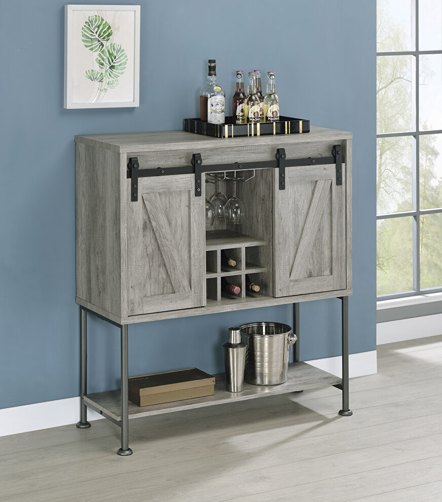 Weathered wood look bar cabinet by Coaster