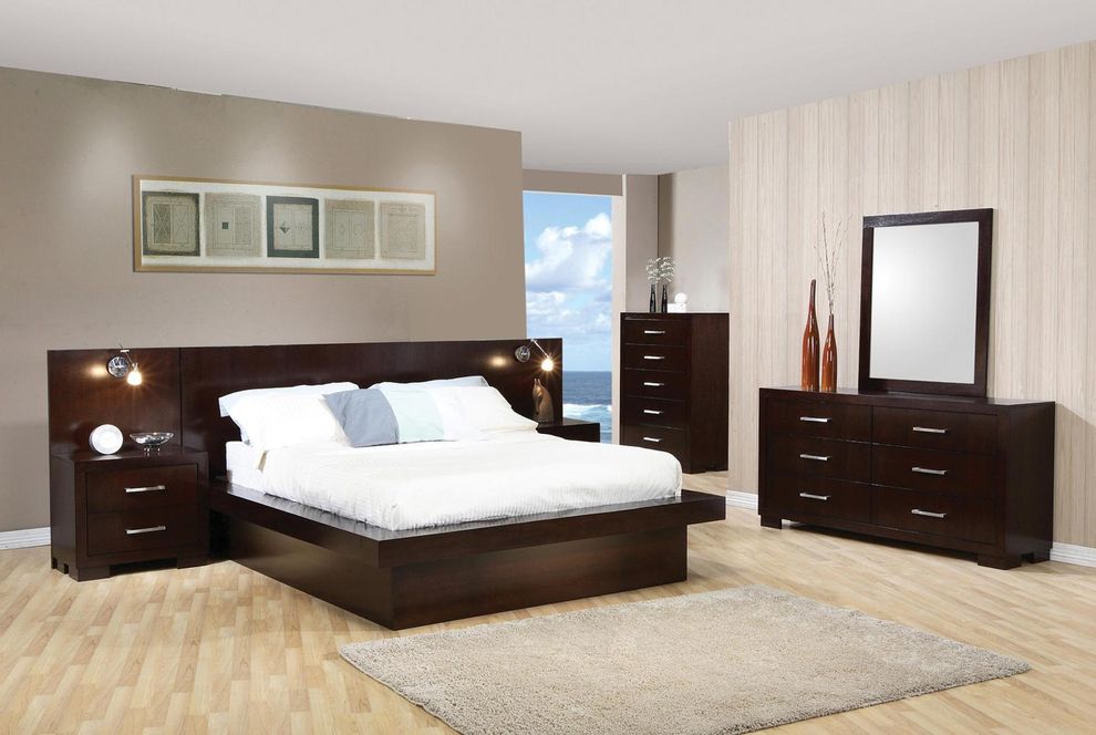 Pier king bed with rail seating and lights in brown by Coaster