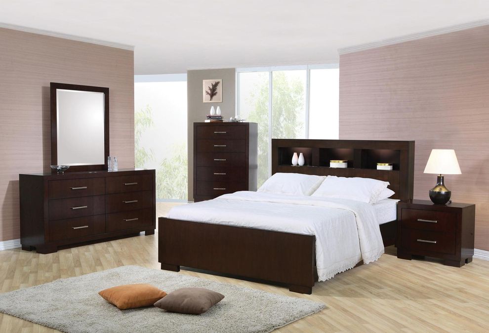 Contemporary brown bed w/ storage headboard and built in lighting by Coaster