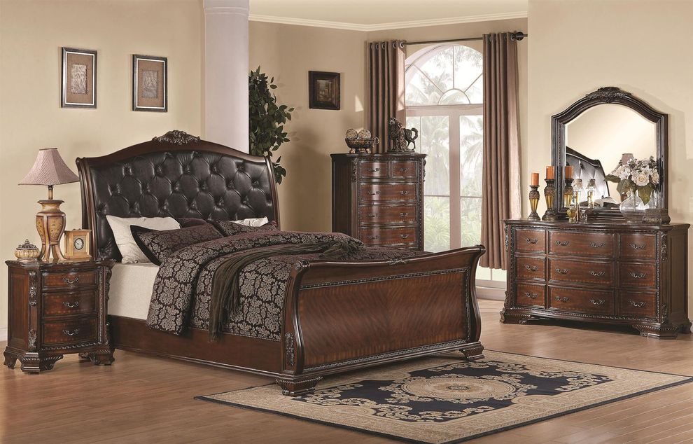 Sleigh bed w/ upholstered headboard in brown by Coaster