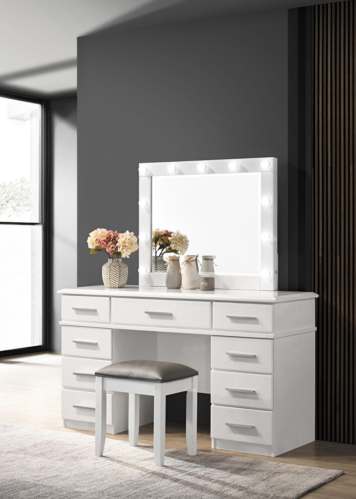 Glossy white finish 9-drawer vanity desk with lighted mirror by Coaster