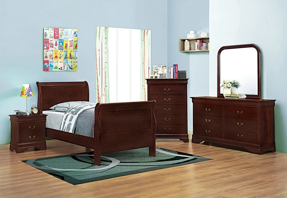Kids red brown sleigh twin bed w/ optional case goods by Coaster