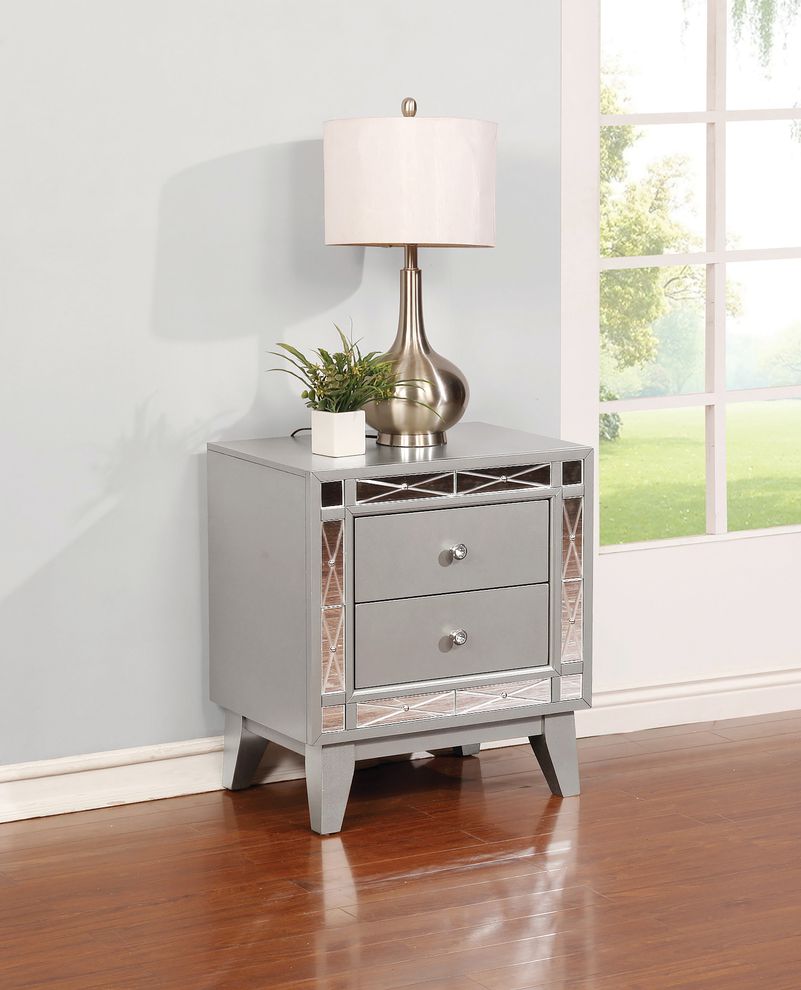 Contemporary two-drawer silver glam nightstand by Coaster
