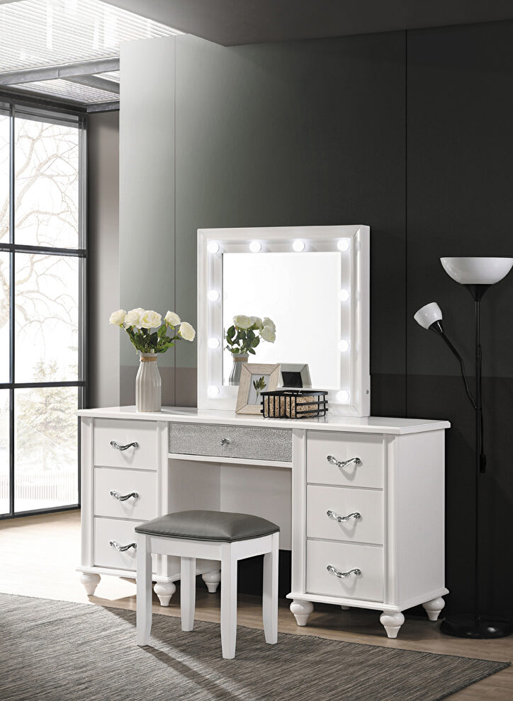 White finish 7-drawer vanity desk with lighted mirror by Coaster