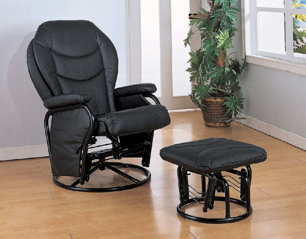 Upholstered casual black swivel glider and ottoman by Coaster