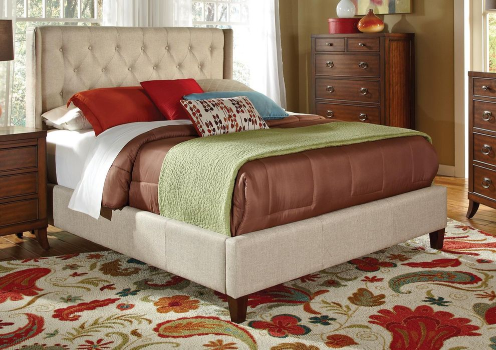 Light beige upholstered simple bed in king size by Coaster