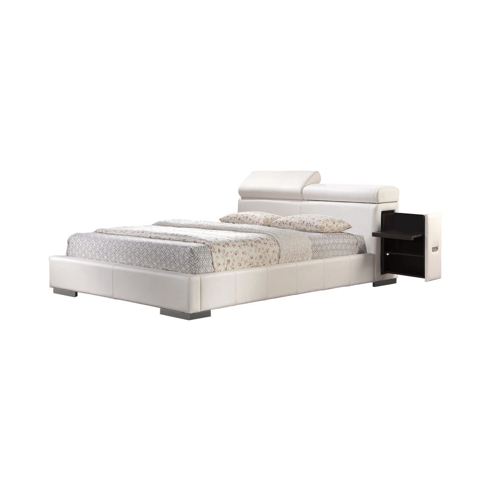 White leather king bed with pull-out drawer by Coaster