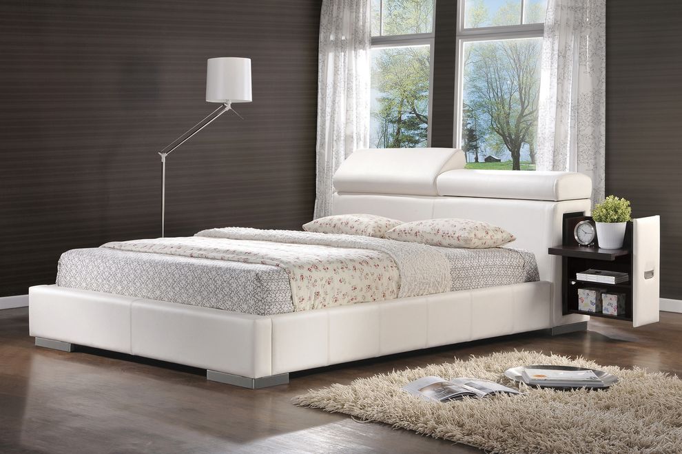 White leather upholstered bed with pullout drawer by Coaster