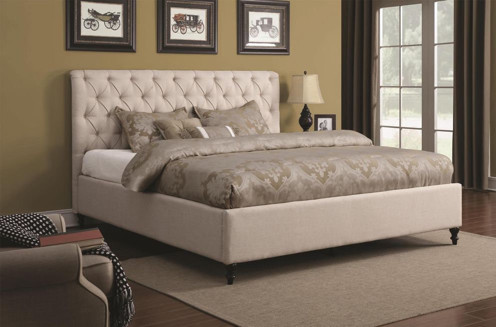 Beige fabric upholstered bed in king size by Coaster