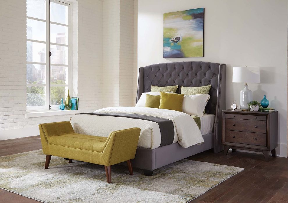 Pissarro transitional upholstered grey and chocolate eastern king bed by Coaster