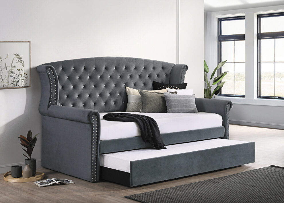 Gray finish soft velvet upholstery twin daybed w/ trundle by Coaster