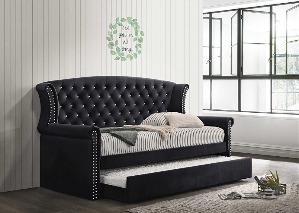 Black finish soft velvet upholstery twin daybed w/ trundle by Coaster