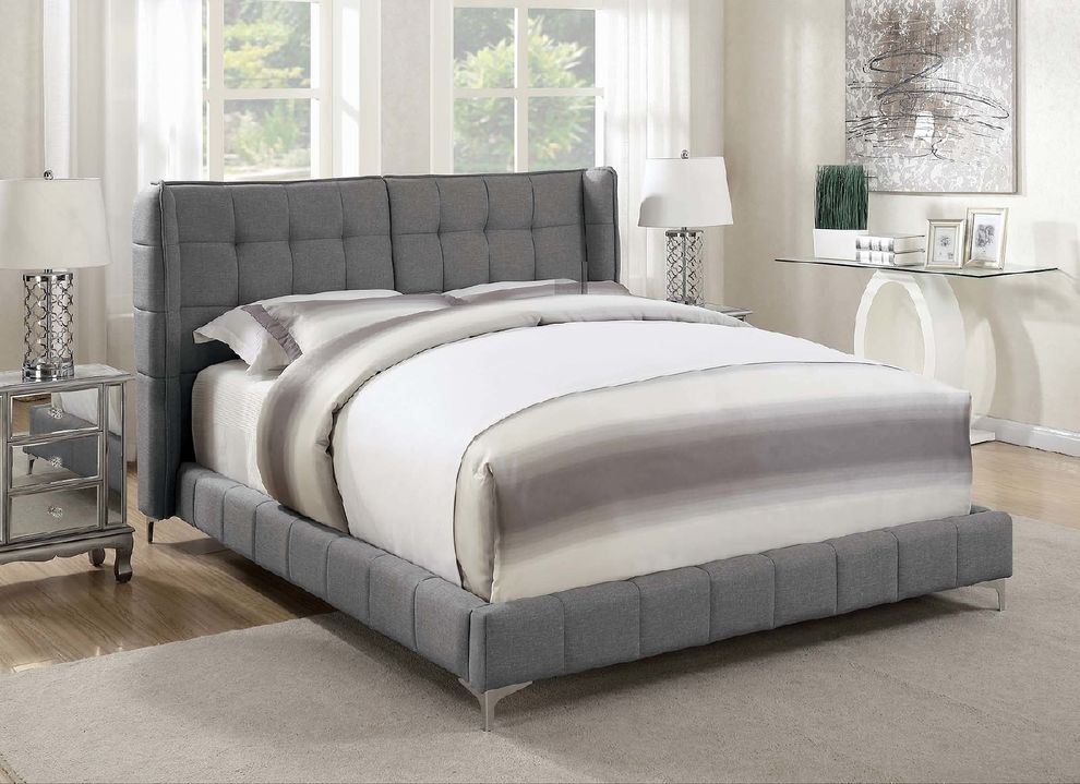 Grey upholstered queen bed by Coaster
