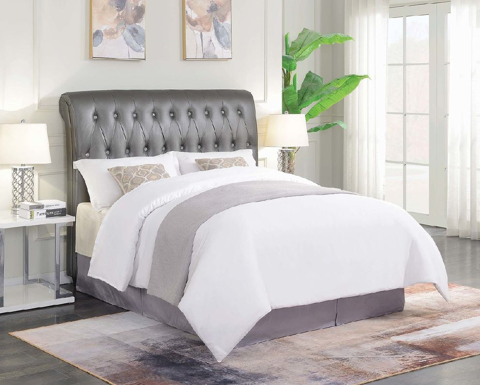 Metallic gray charcoal leatherette queen bed by Coaster