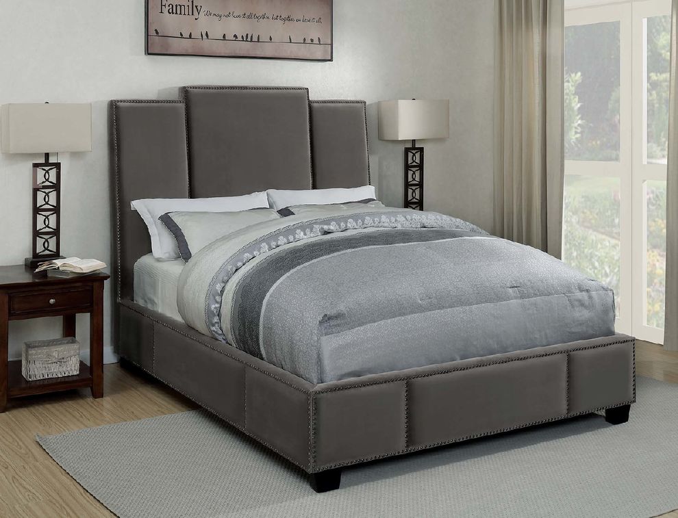 Lawndale grey velvet upholstered king bed by Coaster