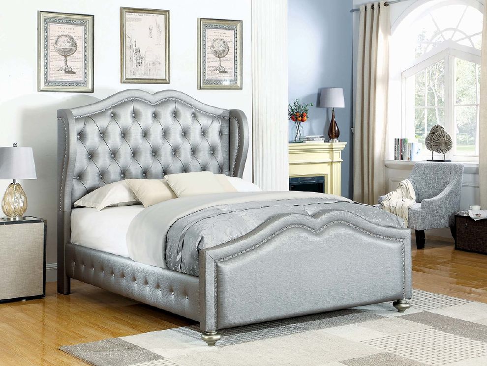 Grey upholstered tufted headboard king bed by Coaster