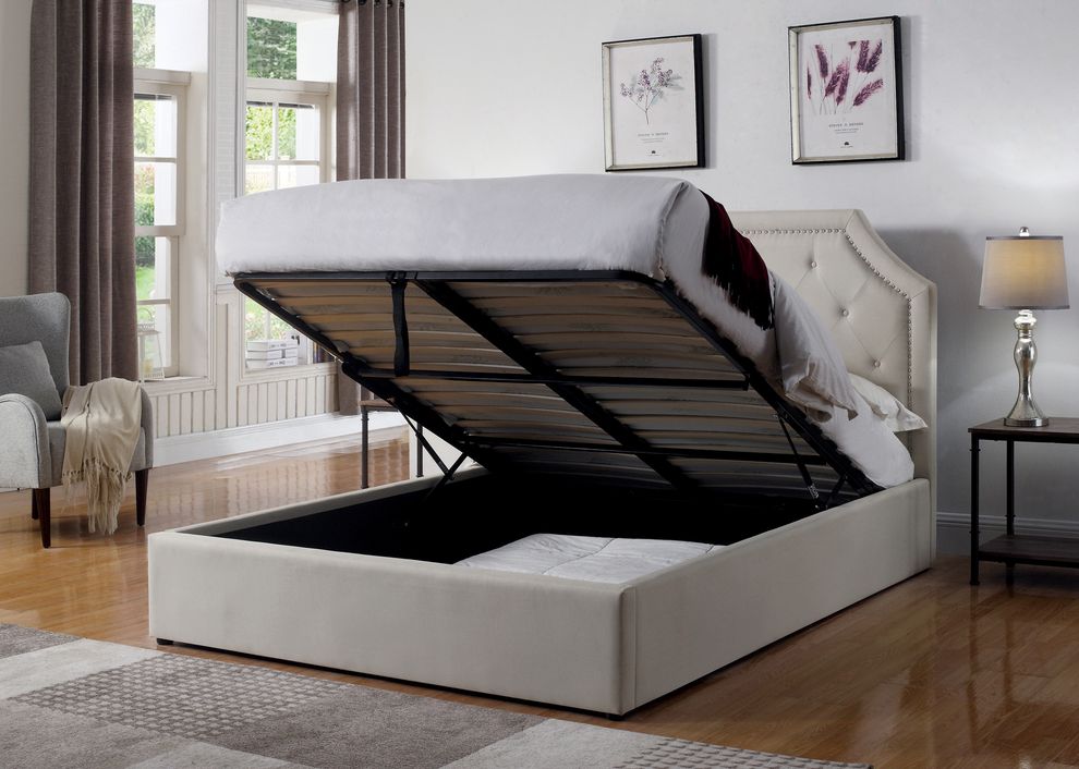 Beige upholstered full bed with hydraulic lift storage by Coaster