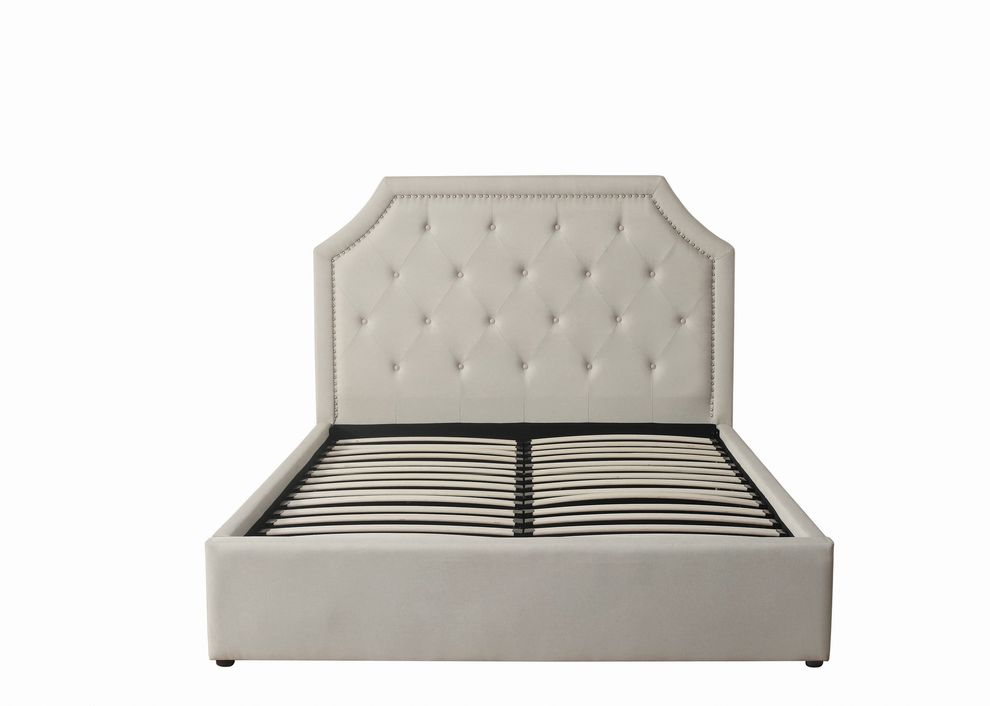 Beige upholstered king bed with hydraulic lift storage by Coaster