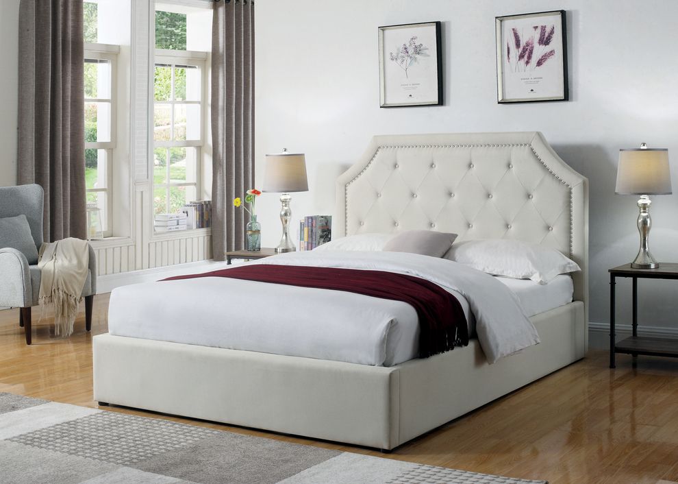 Beige upholstered queen bed with hydraulic lift storage by Coaster