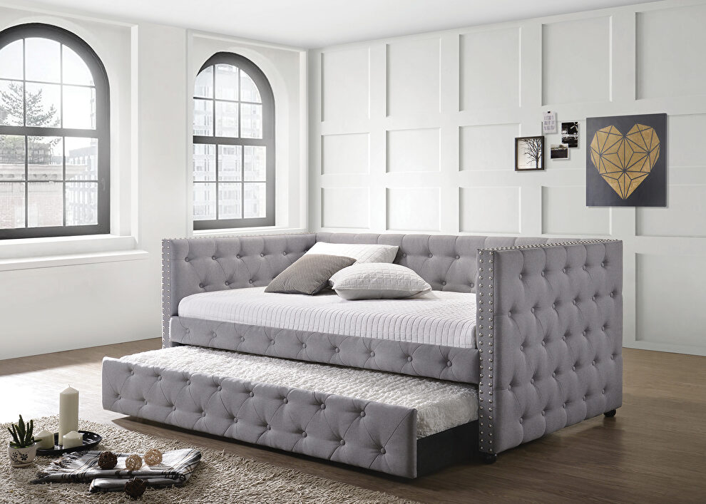 Gray fabric chesterfield design twin daybed w/ trundle by Coaster