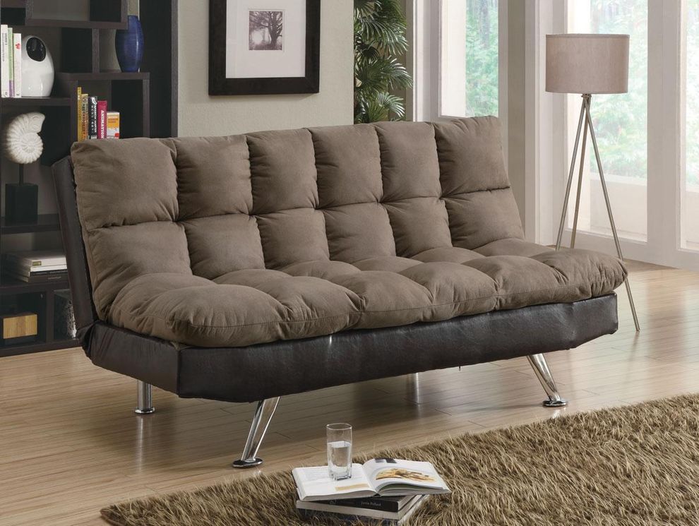 Brown padded sofa bed with chrome legs by Coaster