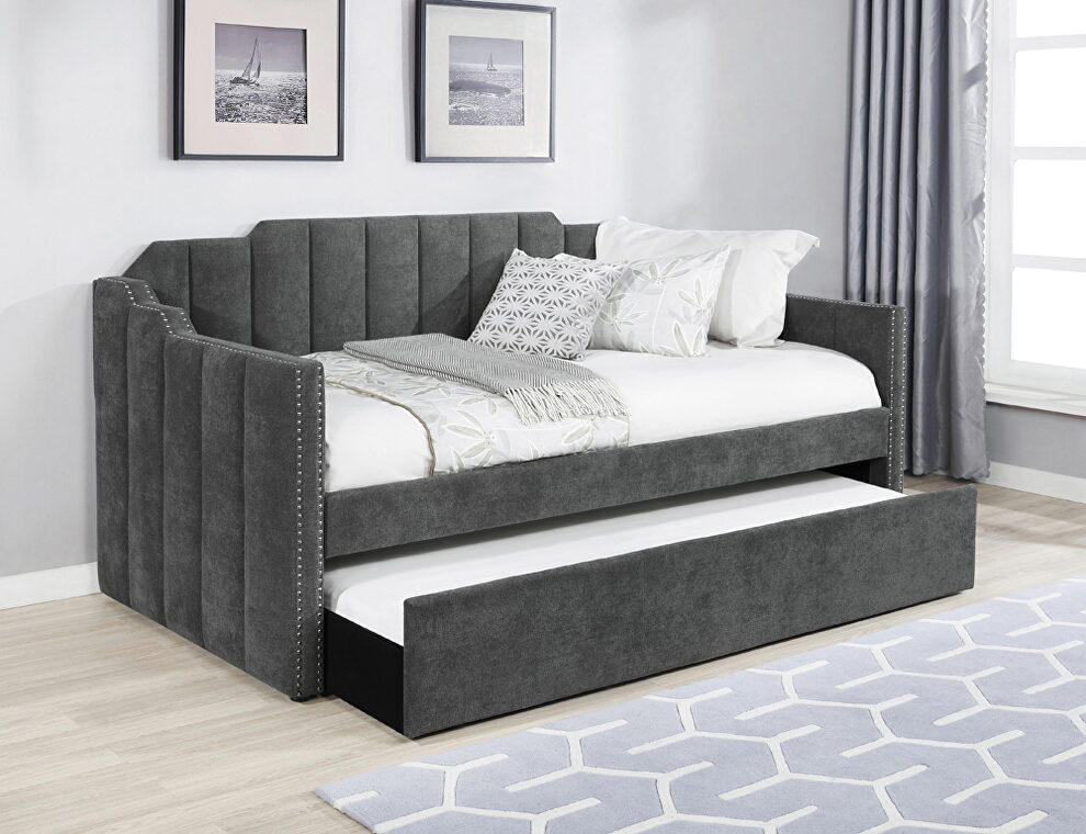 Charcoal gray velvet fabric upholstery twin daybed w/ trundle by Coaster