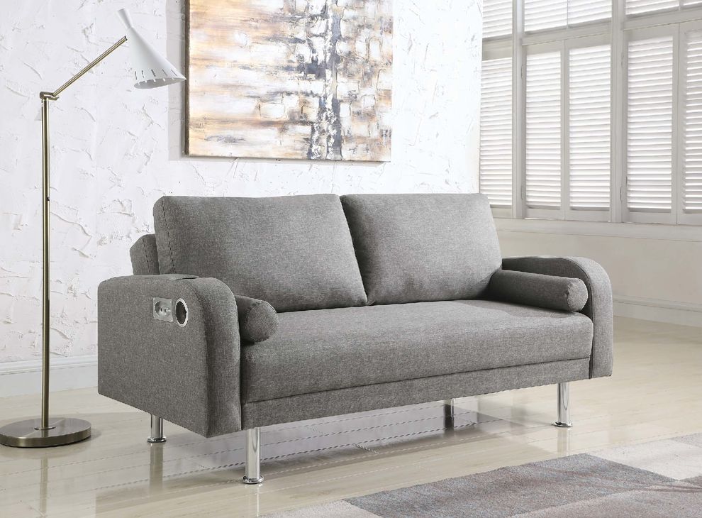 Gray linen sofa bed w/ bluetooth speakers by Coaster