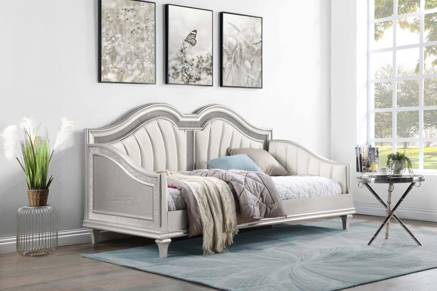 Upholstered twin daybed with faux diamond trim silver and ivory by Coaster