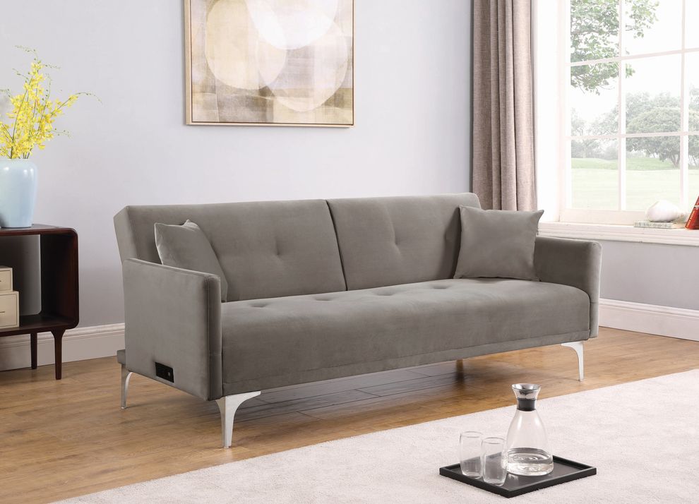 Sofa bed w/ power outlet in taupe microvelvet by Coaster