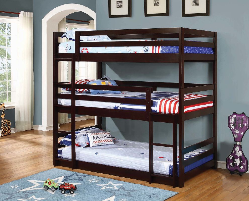 Cappuccino three-bed tiered bunk bed by Coaster