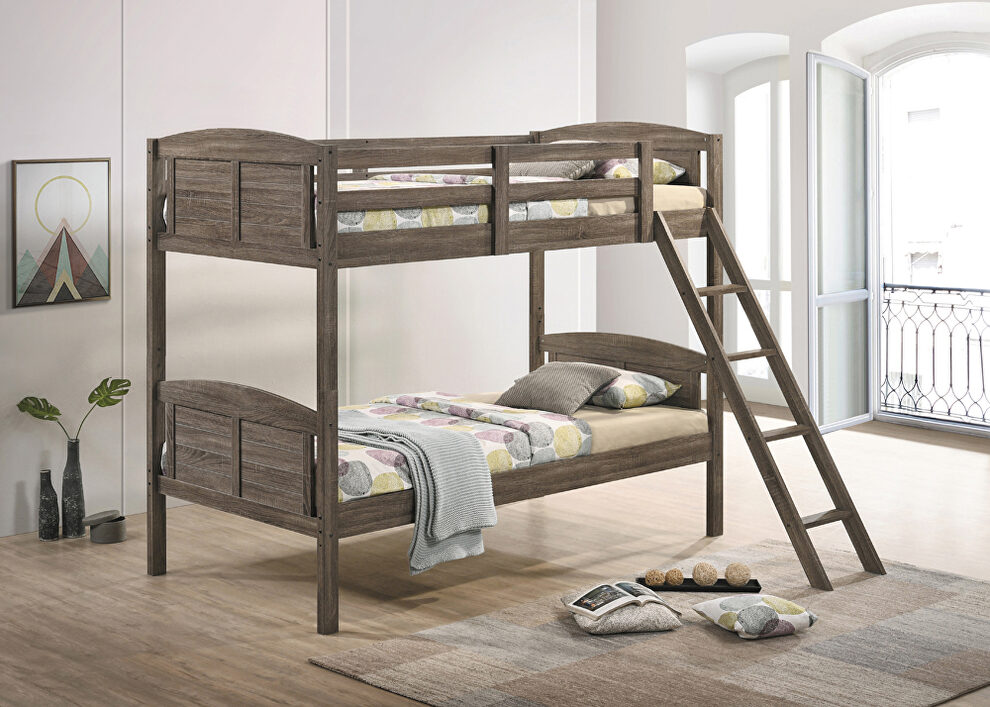 Weathered brown finish twin/twin bunk bed by Coaster