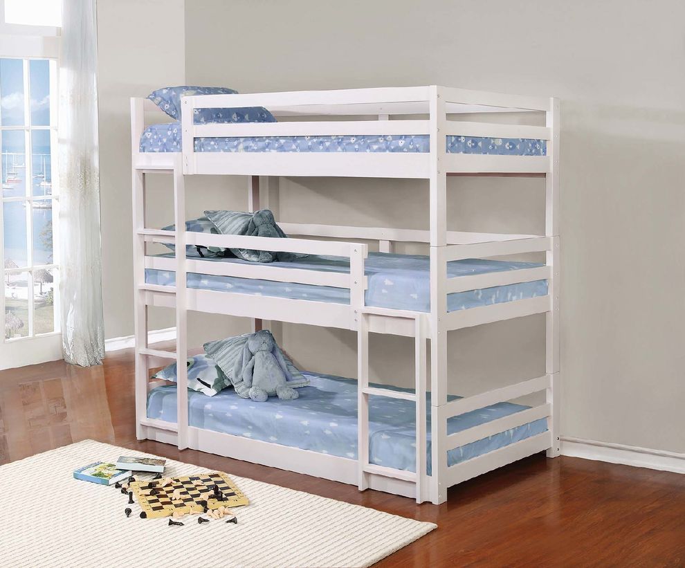 White three-bed tiered bunk bed by Coaster