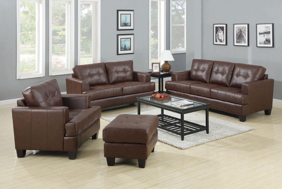 Affordable brown faux leather sofa by Coaster