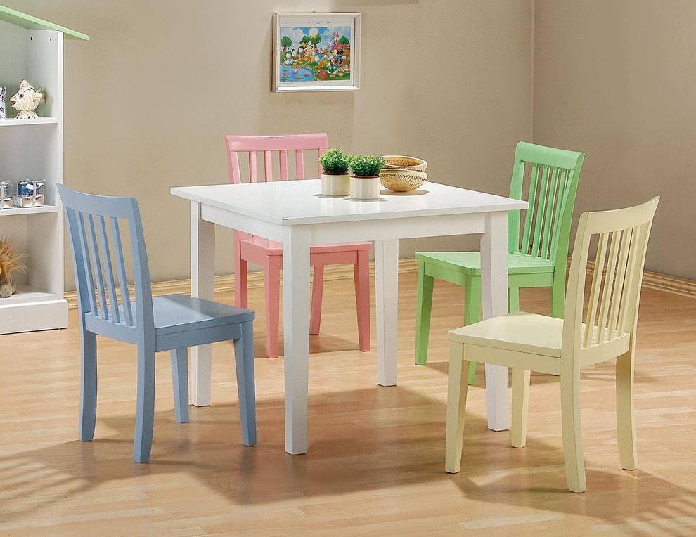 Kids white table + 4 multicolor chairs by Coaster