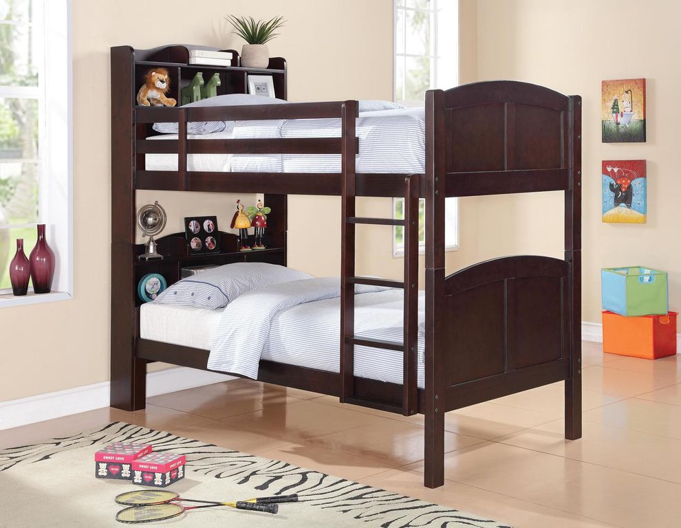 Parker transitional cappuccino twin-over-twin bookcase bunk bed by Coaster