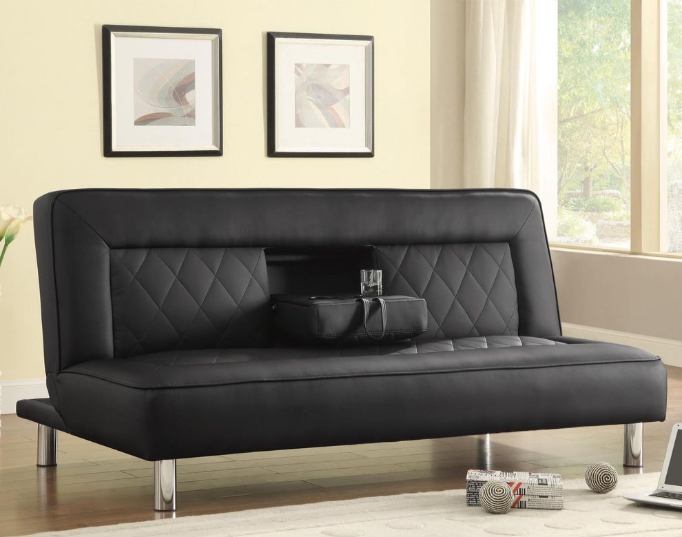 Black leatherette sofa bed w/ fold out table by Coaster