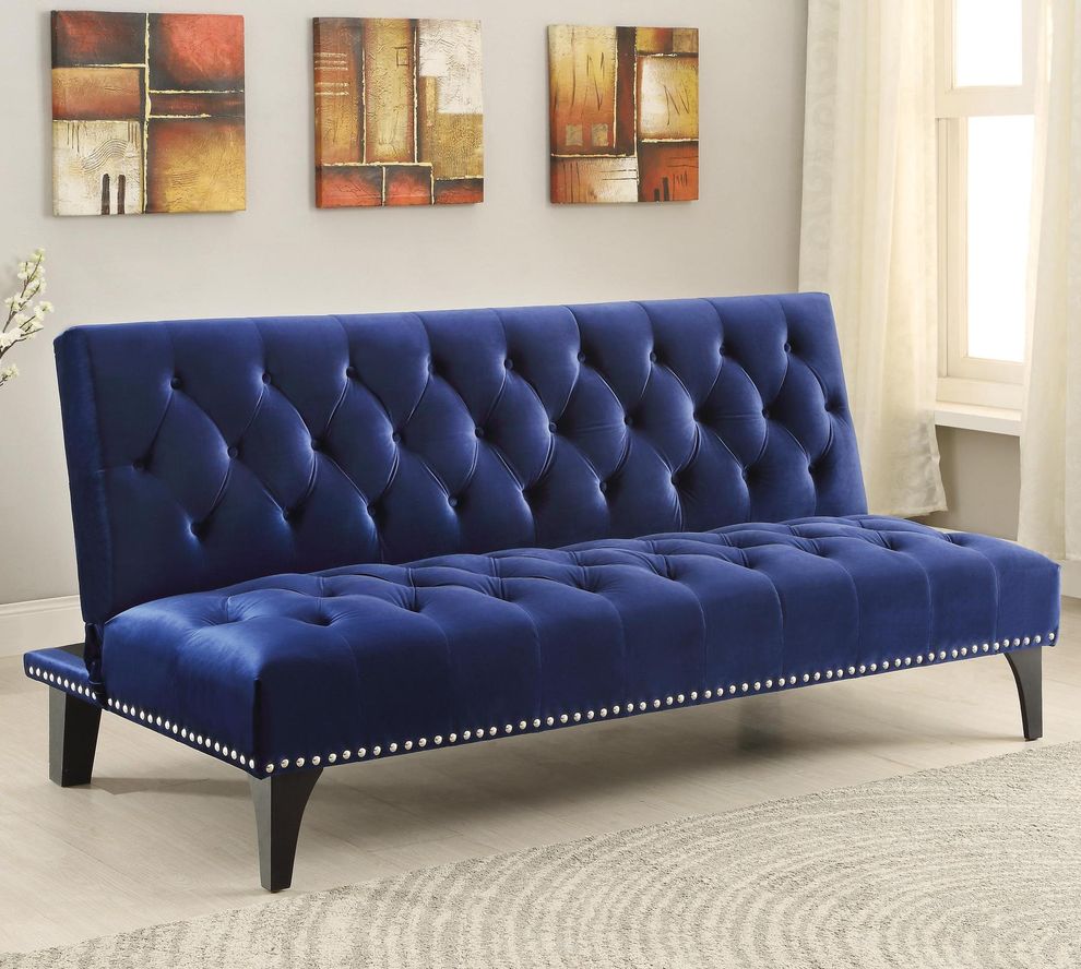 Blue velvet upholstery tufted sofa bed by Coaster