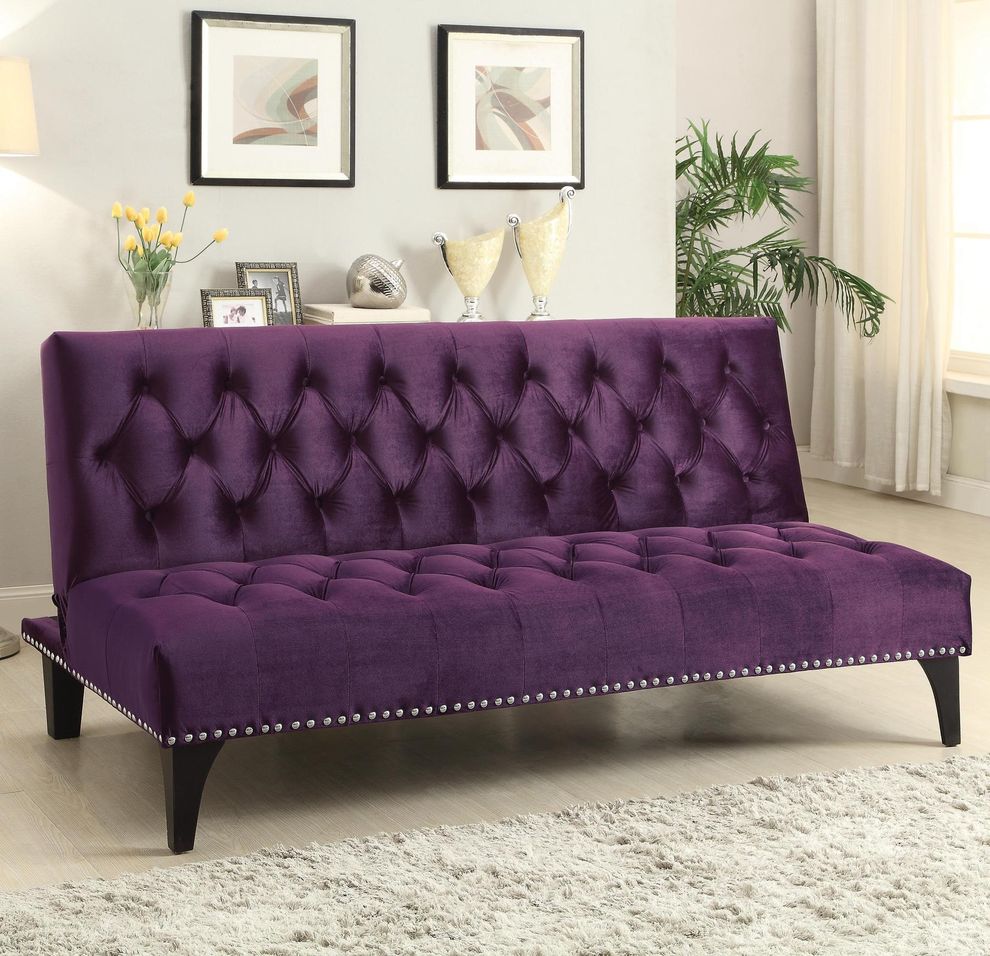 Purple velvet upholstery tufted sofa bed by Coaster