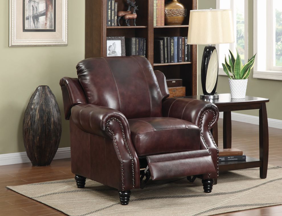 100% leather brown rolled arm recliner sofa by Coaster