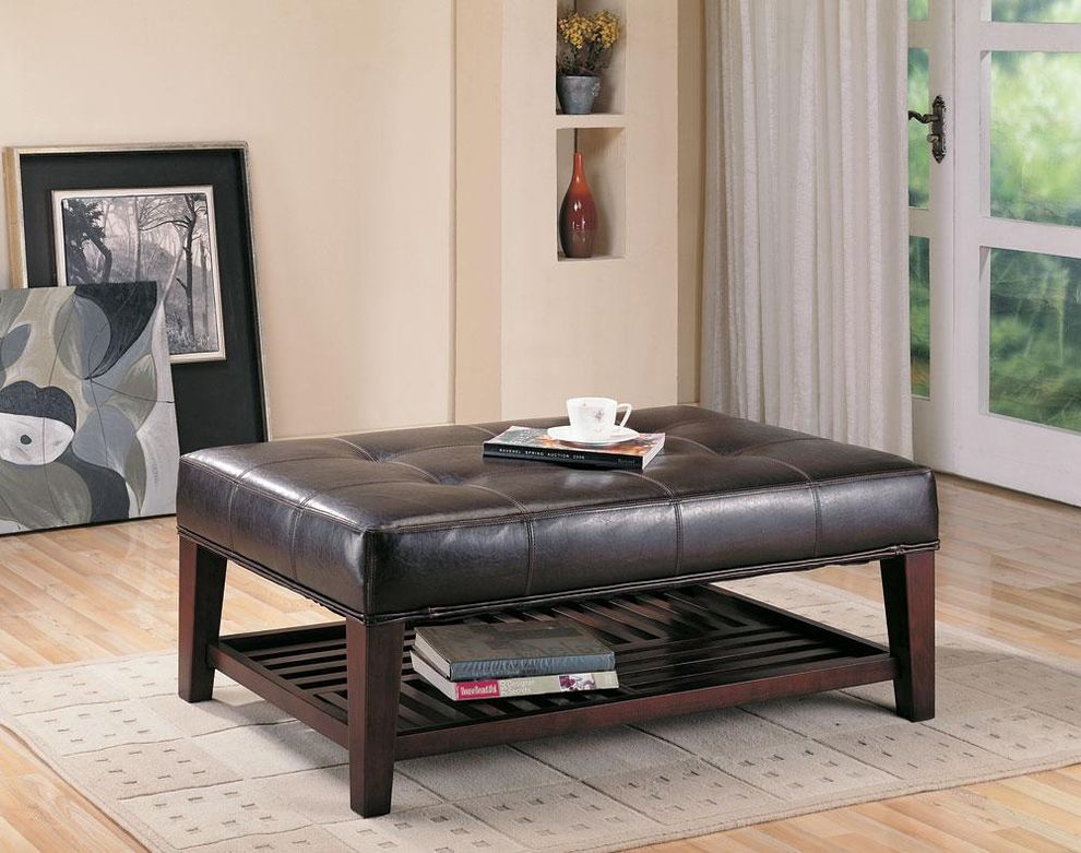 Leather tufted ottoman with storage shelf by Coaster