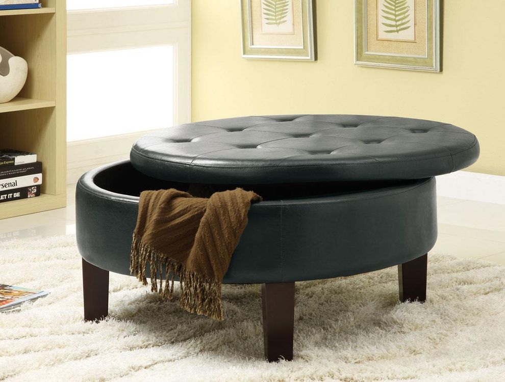 Round black upholstered storage ottoman by Coaster
