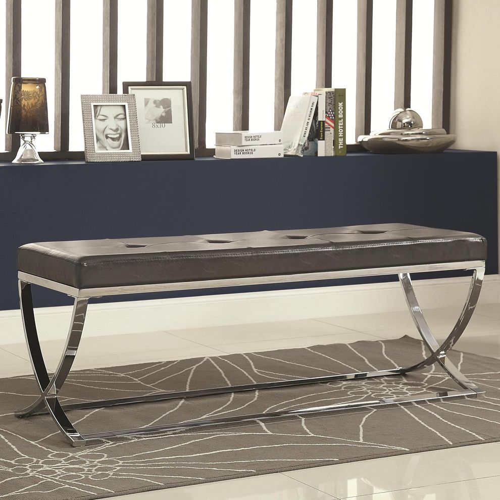 Black contemporary bench w/ silver legs by Coaster