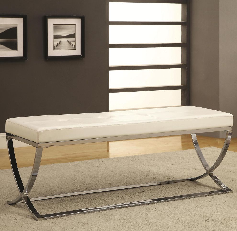 White contemporary bench w/ silver metal legs by Coaster