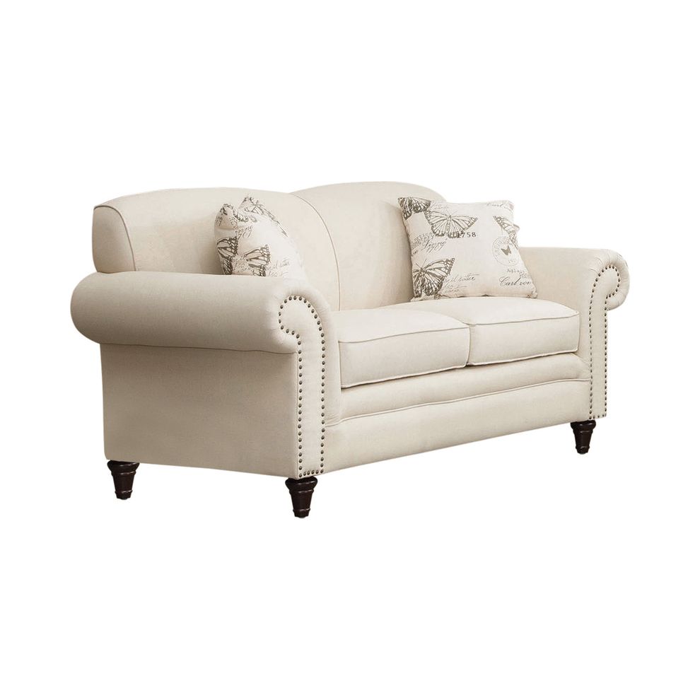 Traditional oatmeal fabric loveseat w/ rolled arms by Coaster