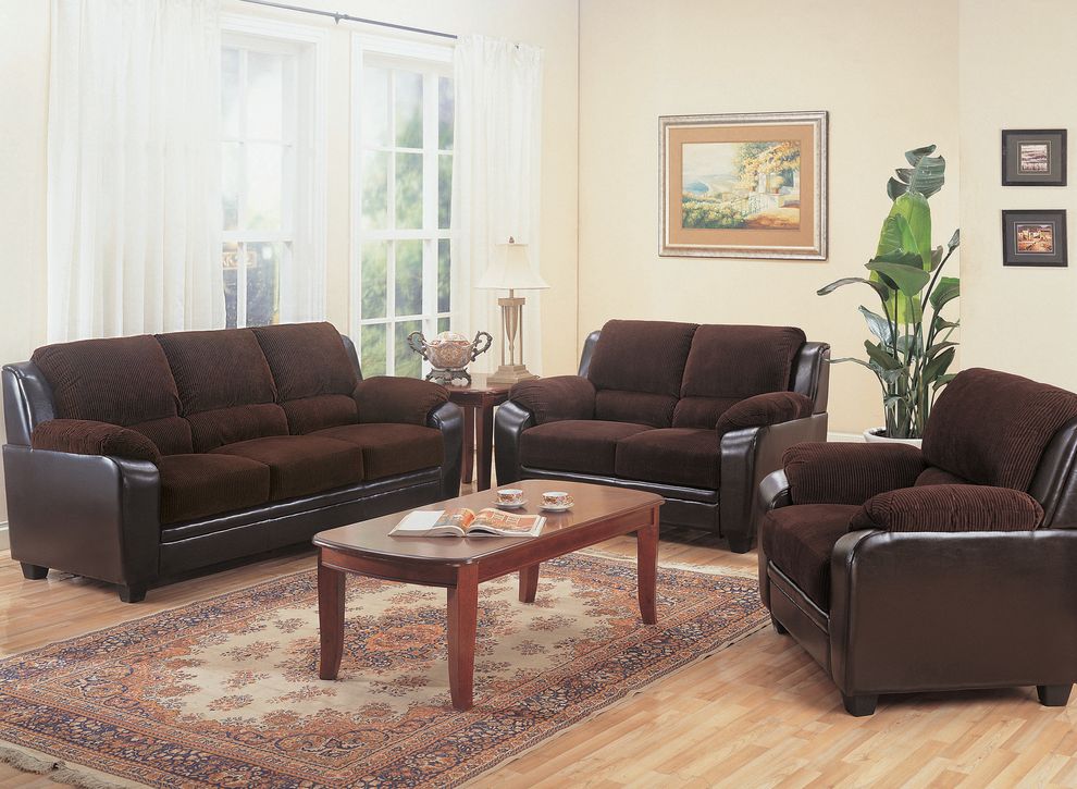 Chocolate microfiber/leather casual fabric couch by Coaster
