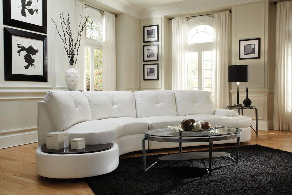 Contemporary white curved leather sectional w/ built-in table by Coaster
