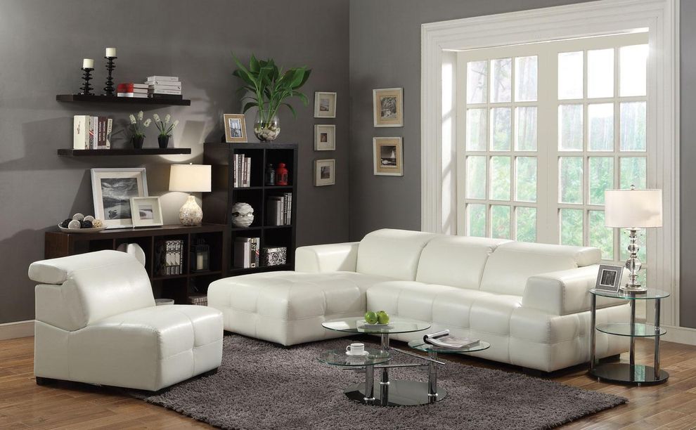 Contemporary white sectional sofa w/ wide chaise by Coaster