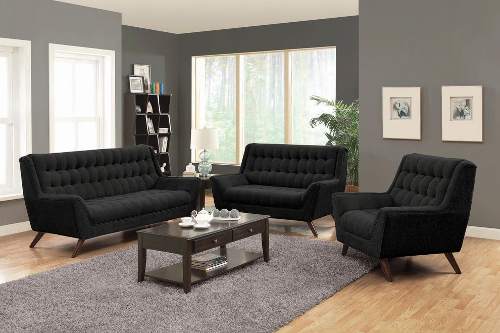 Retro black fabric tufted elegant sofa w/ wooden legs by Coaster